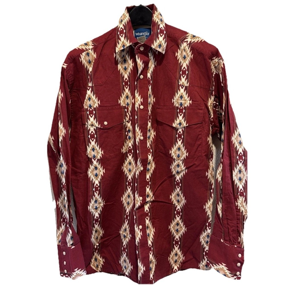 Vtg Wrangler Brushpopper Shirt L Western Rodeo Cowboy Aztec Diamond Pearl Snap
